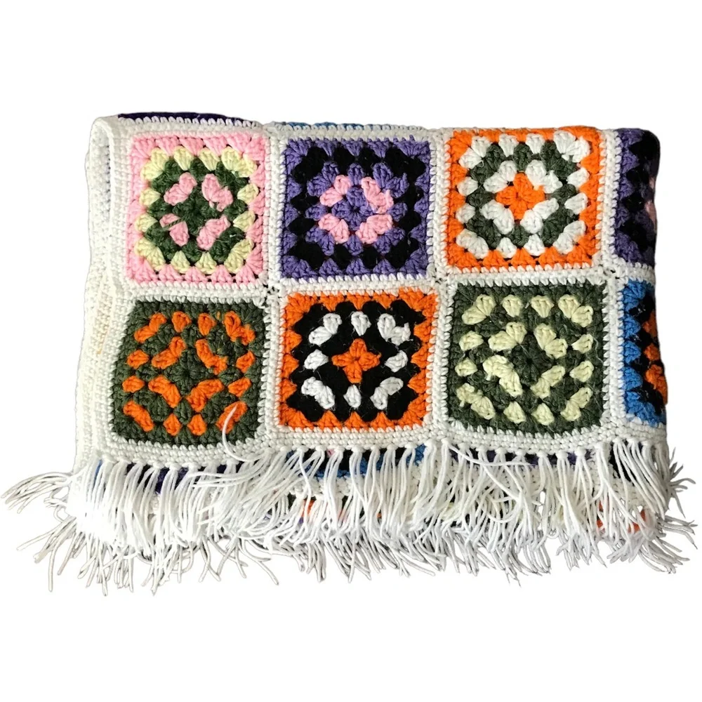 Vintage Granny Squares Afghan Throw Crocheted Multicolored One of a Kind Unique